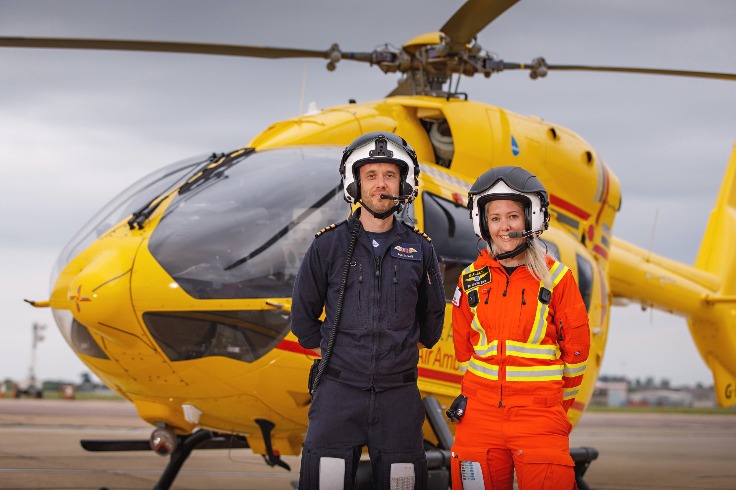 Doctor Nicola Ebbs with Captain Rob Gleave by helicopter