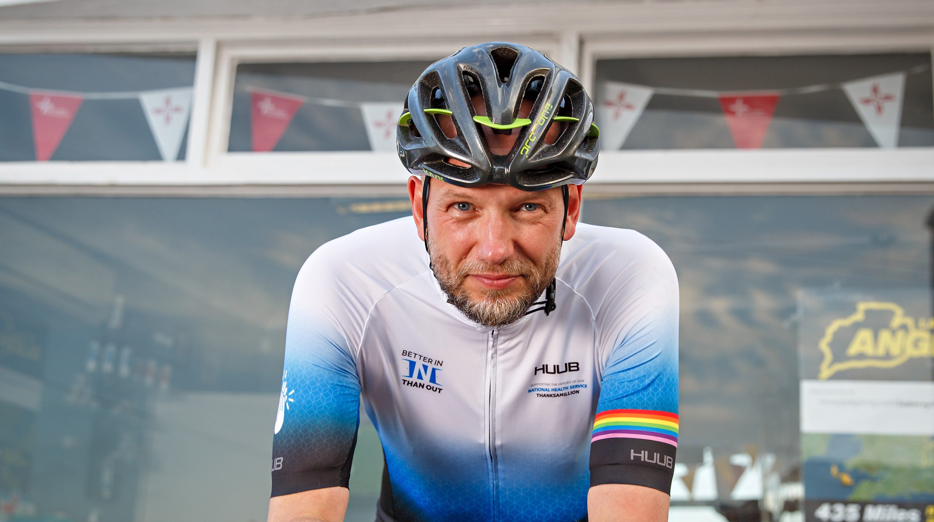 Chris Marshall in his cycling clothing and cycle helmet after his incident.