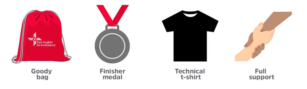 Graphic of the Only the Brave Benefits including Goody bag, Finisher Medal, Technical T-shirt and full support